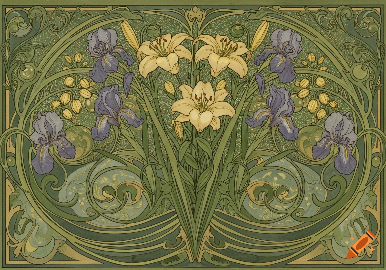 An Art Nouveau illustration featuring yellow lilies and purple irises arranged symmetrically against a green, patterned background.