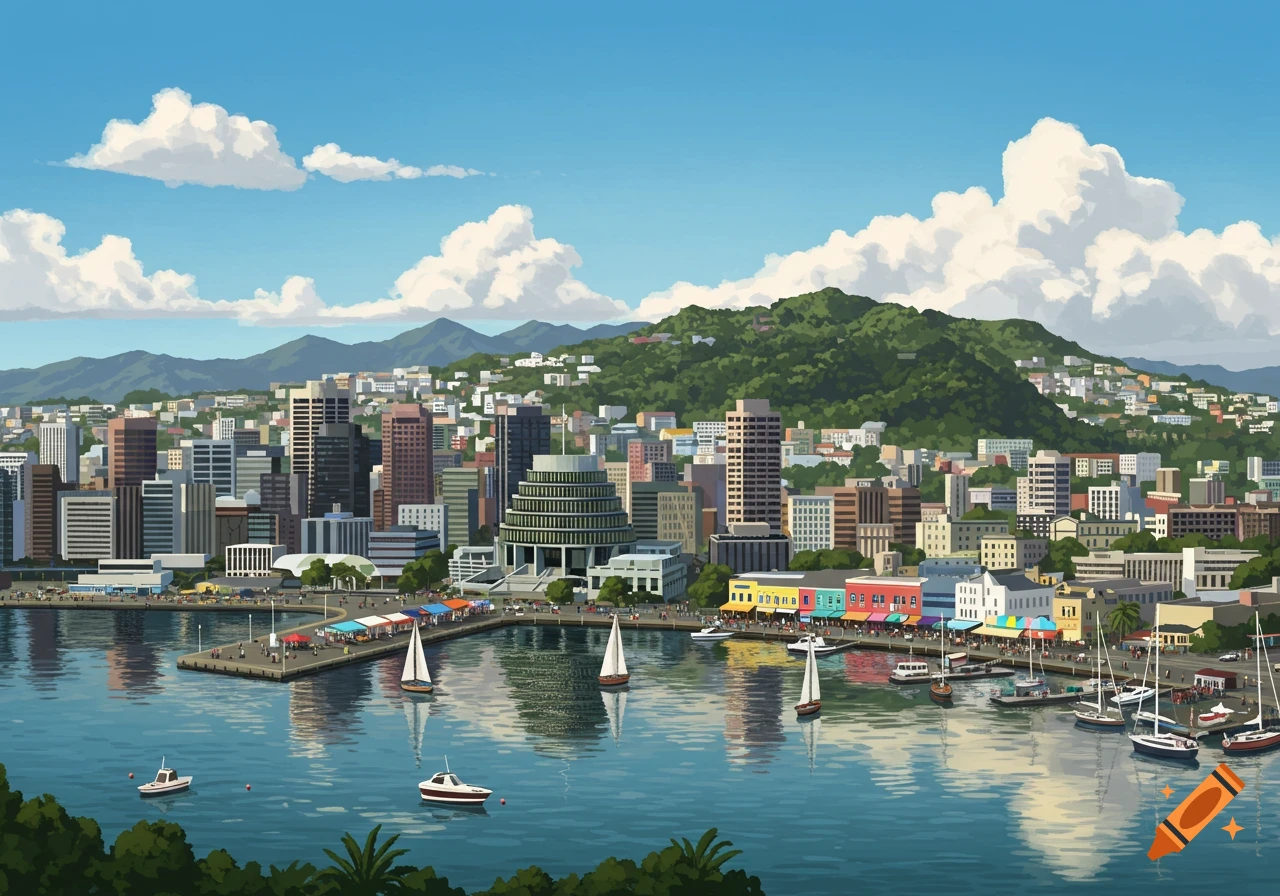 Illustrated panoramic view of Wellington city, New Zealand, with a harbor, boats, colorful buildings, and green hills under a blue sky.