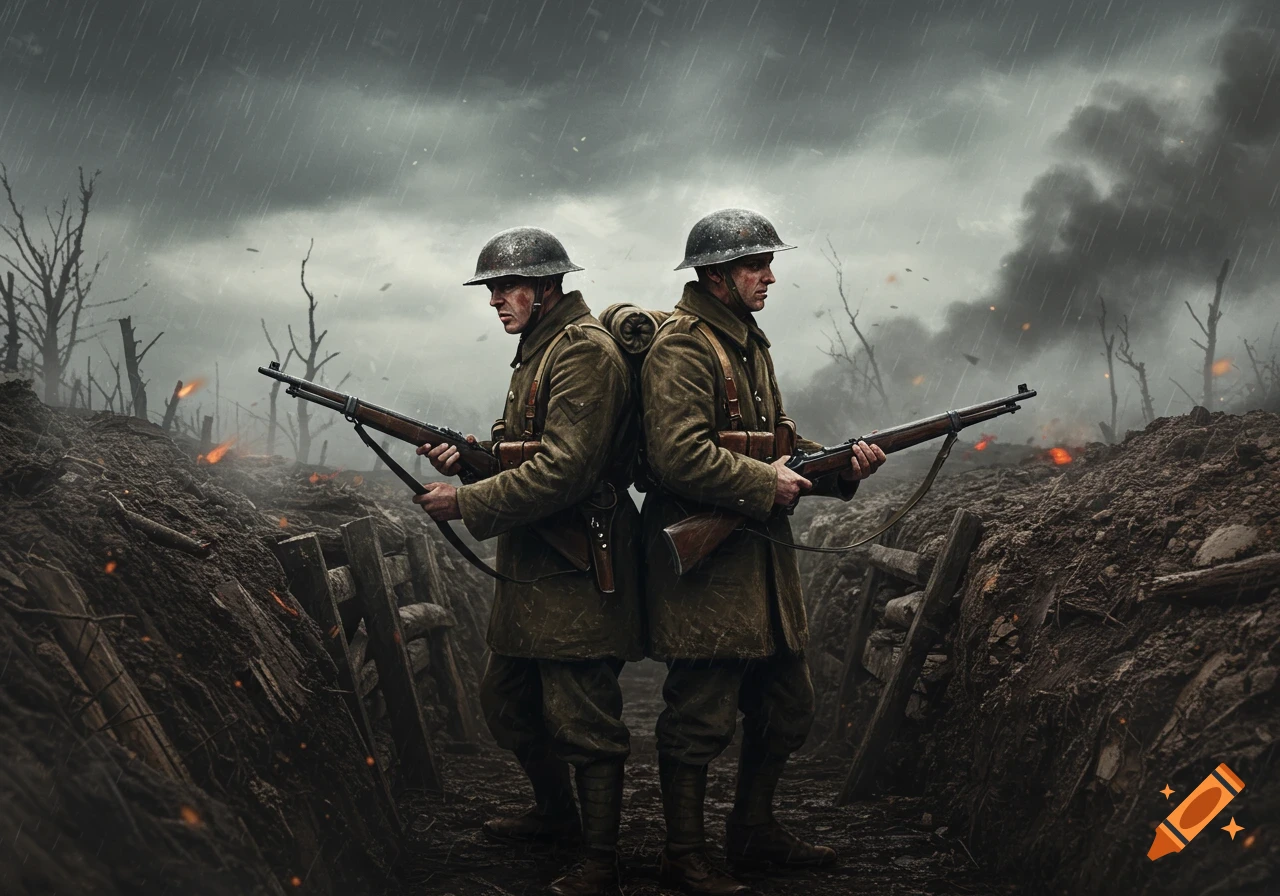 Two WWI soldiers stand back to back in muddy trenches, holding rifles. Rain falls on the smokey, war-torn battlefield.
