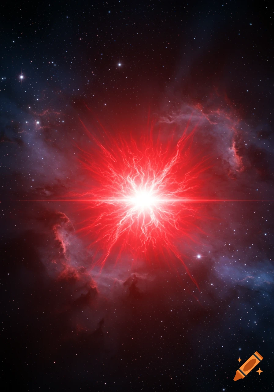A brilliant red star with white glowing tendrils bursts from a dark, star-filled nebula in deep space.