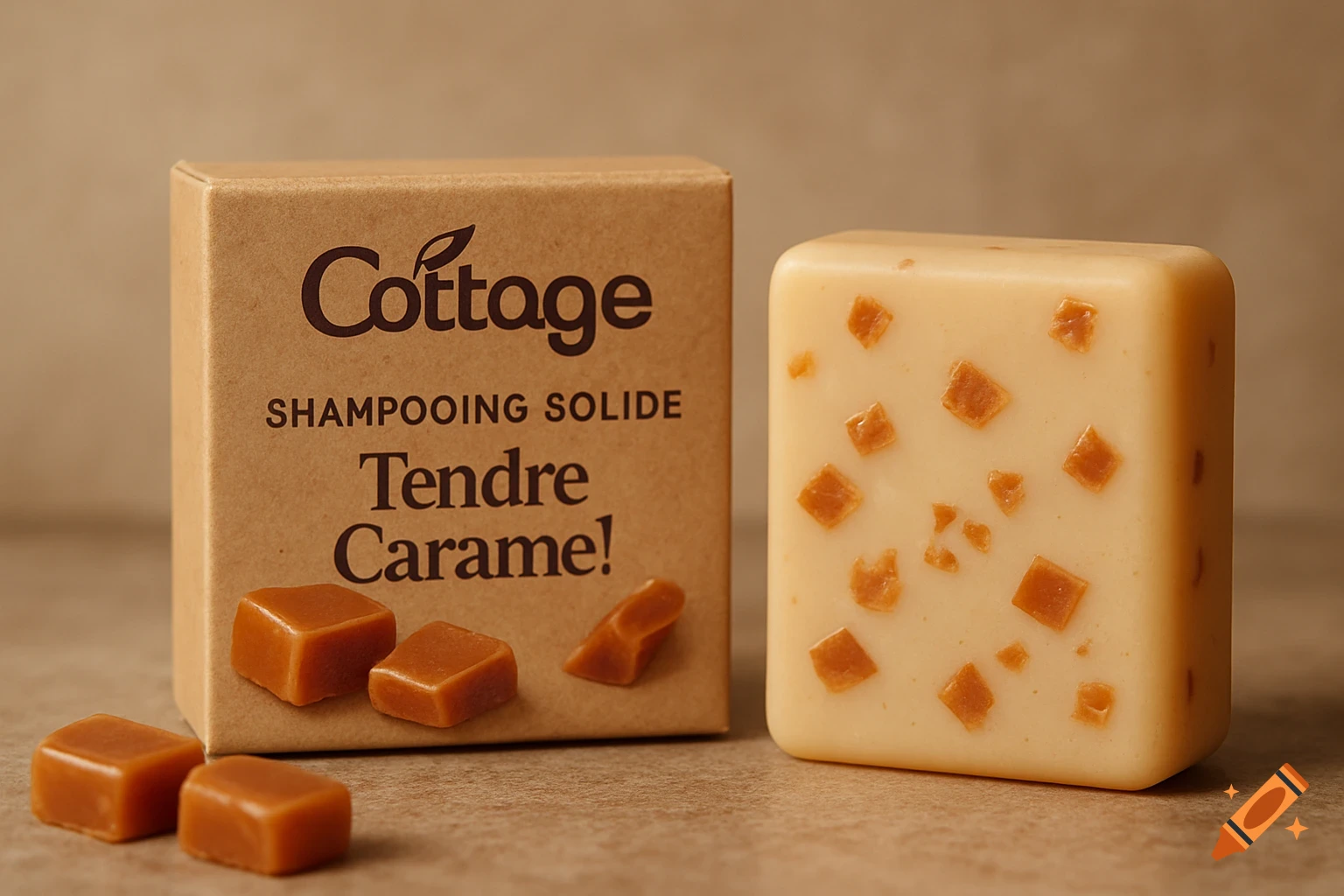 Photorealistic image of Cottage solid shampoo bar and packaging, caramel-scented.