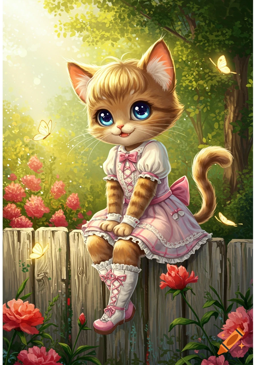 A cute cat girl in a pink dress and white boots sits on a wooden fence in a sunny, whimsical garden with pink flowers and butterflies.