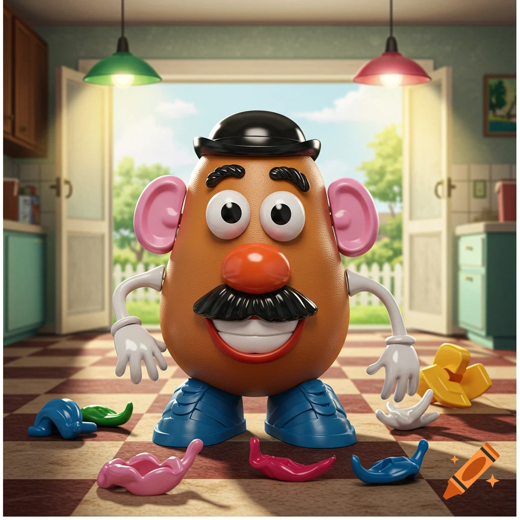 Mr. Potato Head stands in a bright kitchen, his detached parts scattered around him on the checkered floor.