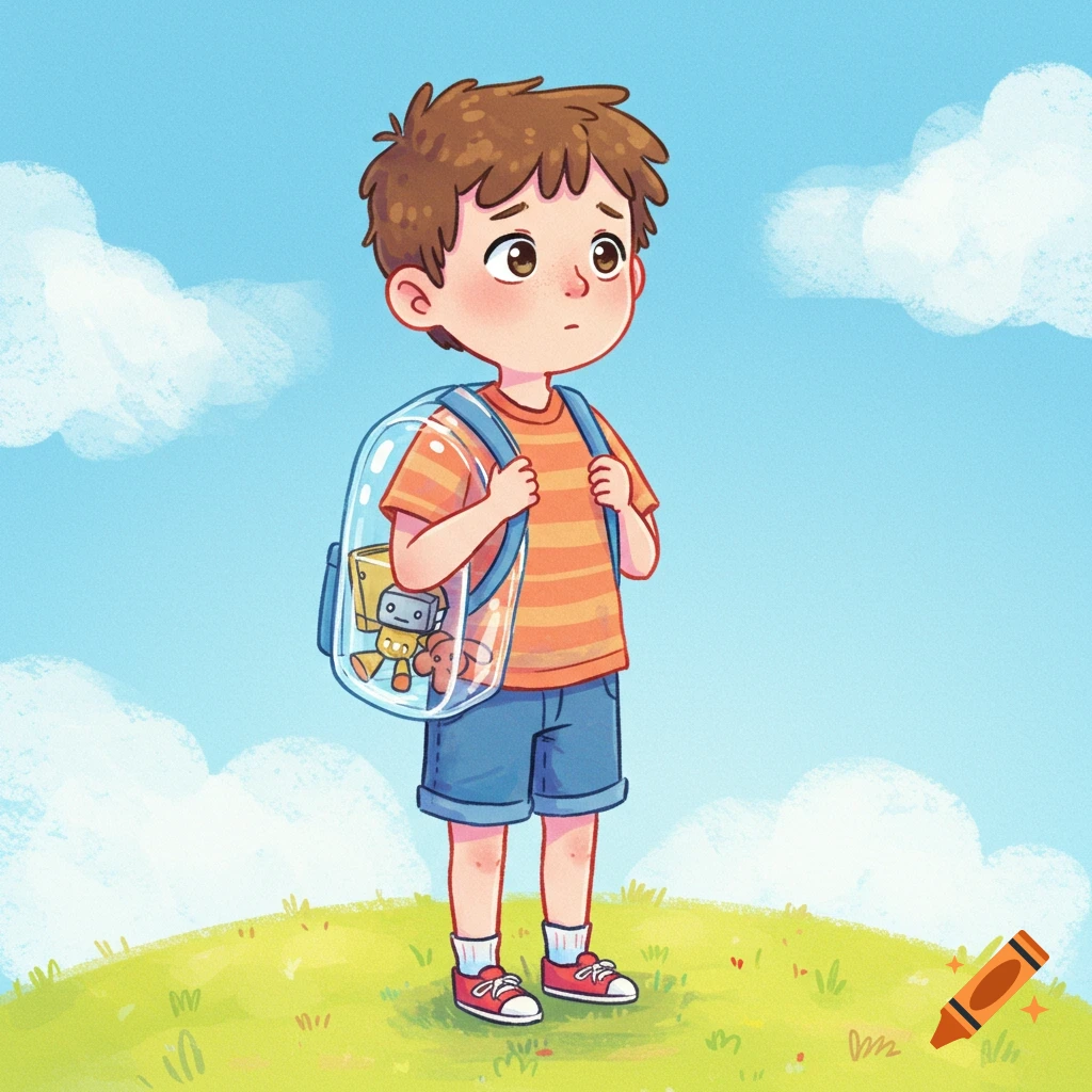 A nervous boy in an orange striped shirt and blue shorts with a transparent backpack containing toys, stands on a grassy hill, crayon illustration.