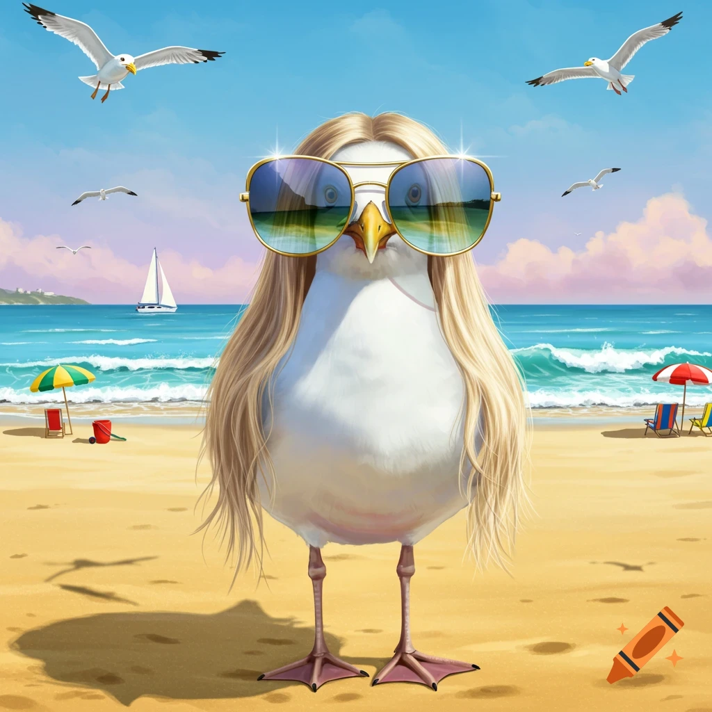 An illustrated seagull with long blonde hair and large reflective sunglasses stands on a sunny beach, with ocean waves, other seagulls, and a sailboat in the background.