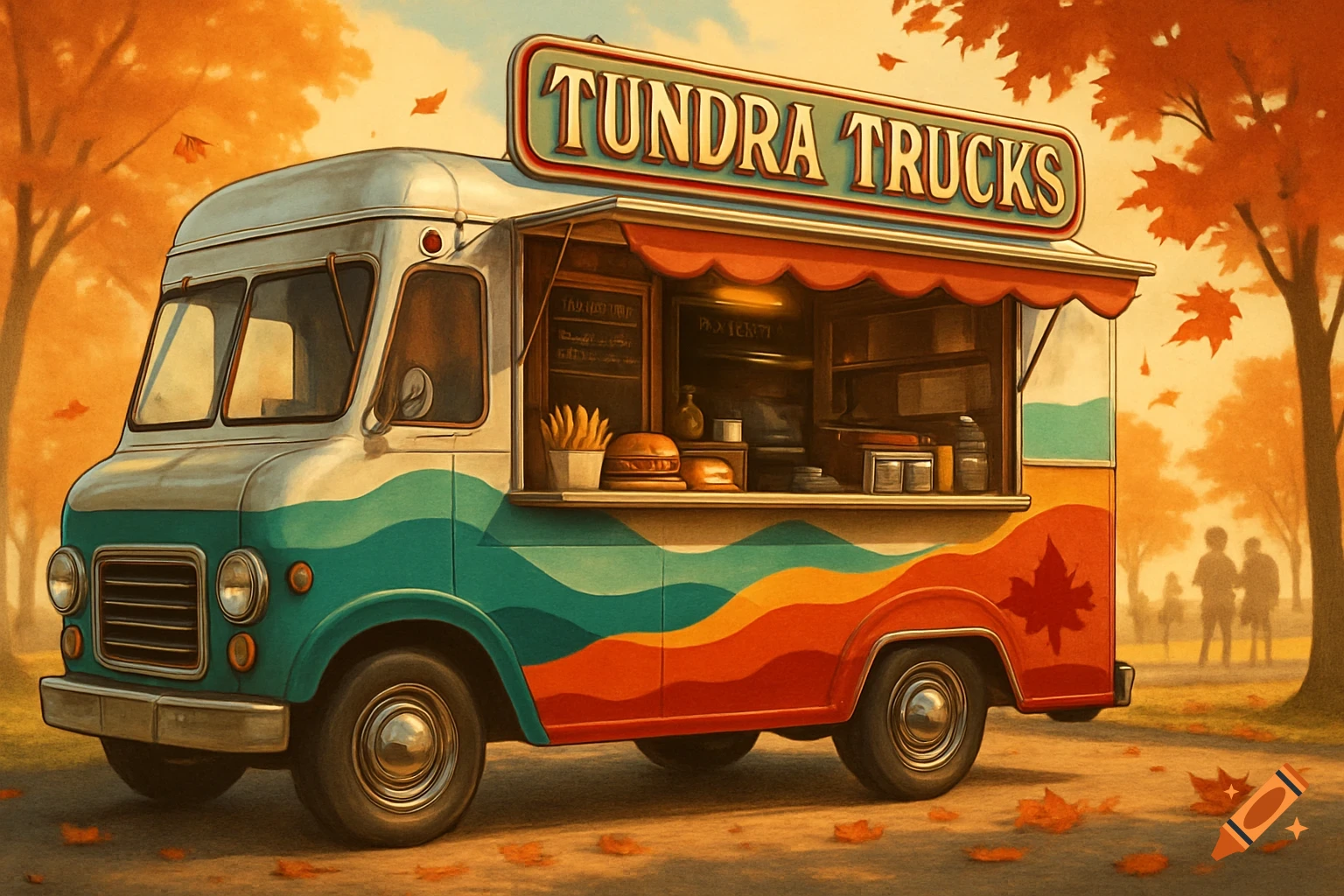 A colorful food truck with 'Tundra Trucks' on its sign, surrounded by autumn trees and fallen leaves in a painted style.
