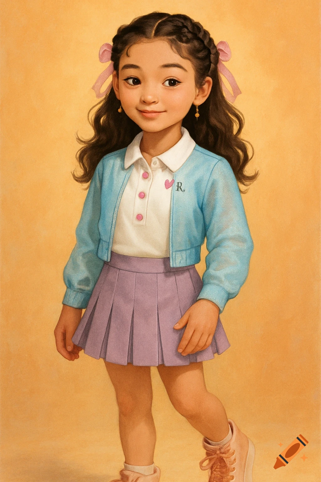 Illustration of a young girl with braids and loose curls, wearing a blue jacket, white polo, and purple pleated skirt, against an orange background.