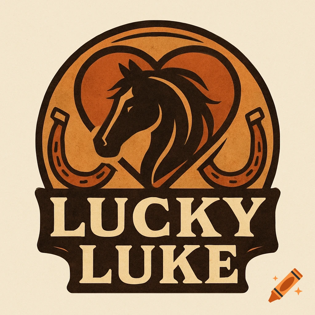 Western-style logo with a horse head silhouette, horseshoes, and the text 'LUCKY LUKE'.