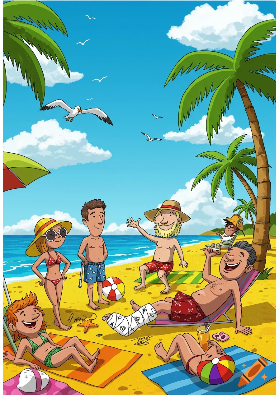 A vibrant cartoon illustration of diverse people enjoying a sunny beach day, with one person having a leg in a cast.
