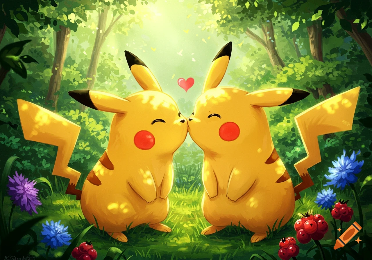 Two yellow Pikachus affectionately kissing nose-to-nose in a sun-dappled green forest, with a pink heart above them.