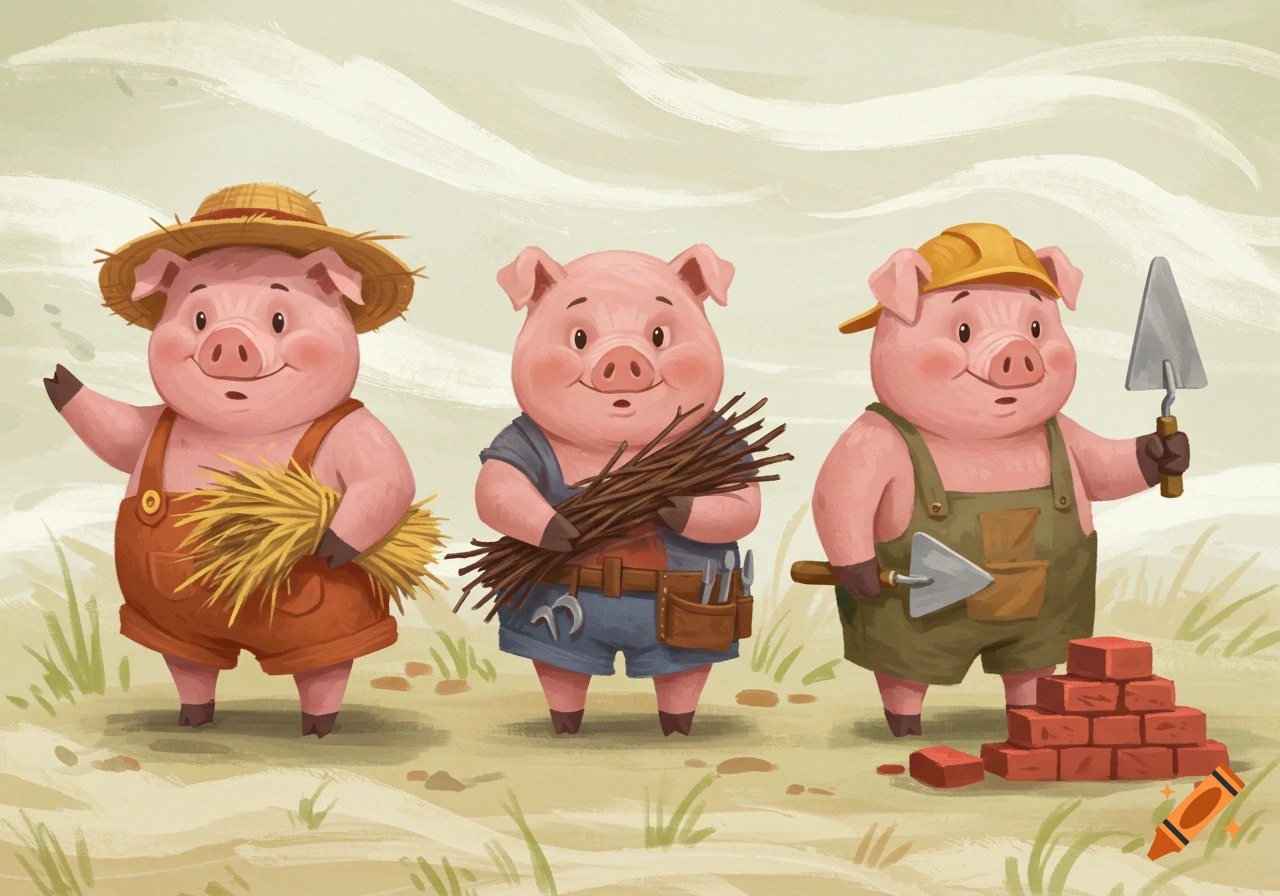 Three cartoon pigs dressed as laborers for the "Three Little Pigs" story, holding straw, sticks, and construction tools.