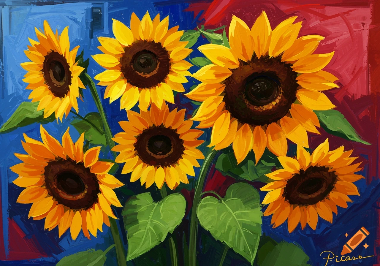 Vibrant oil painting of sunflowers with yellow petals and dark centers against a blue and red abstract background.
