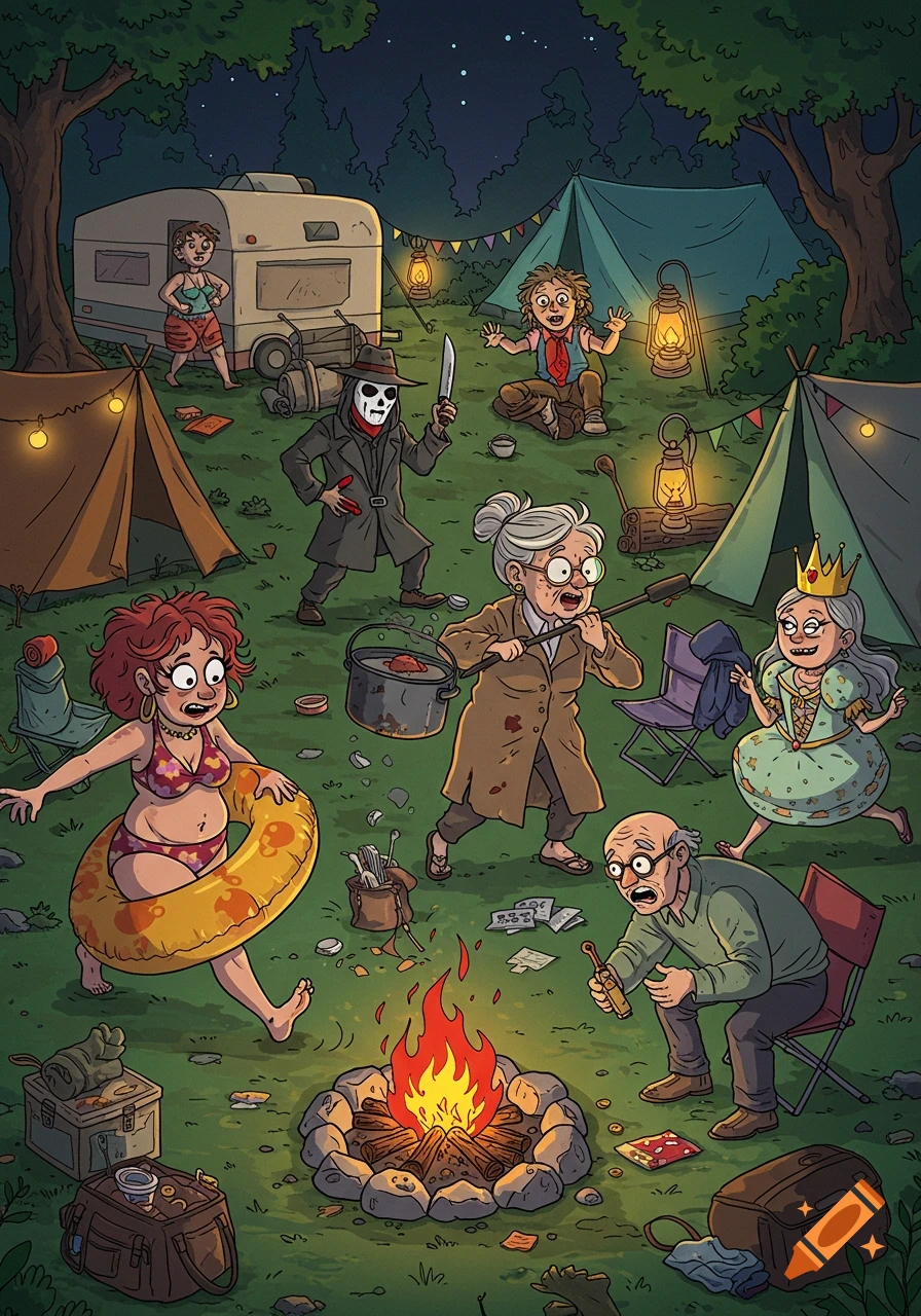 Humorous cartoon illustration of a nighttime camping scene with a fake killer, a woman in a bikini, and an old lady.