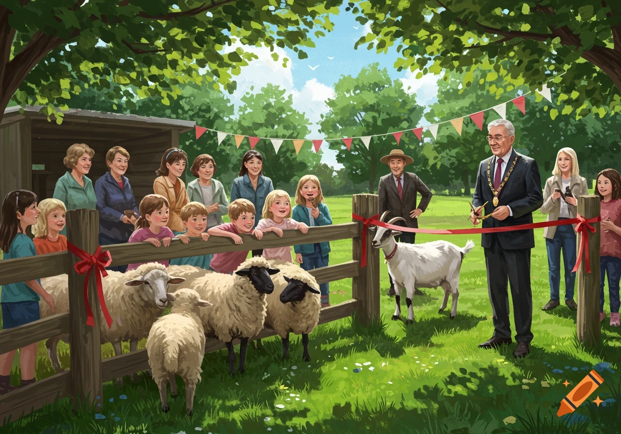 An illustration of a ribbon-cutting ceremony at a petting zoo with a mayor, adults, children, sheep, and a goat in a grassy, tree-filled park.