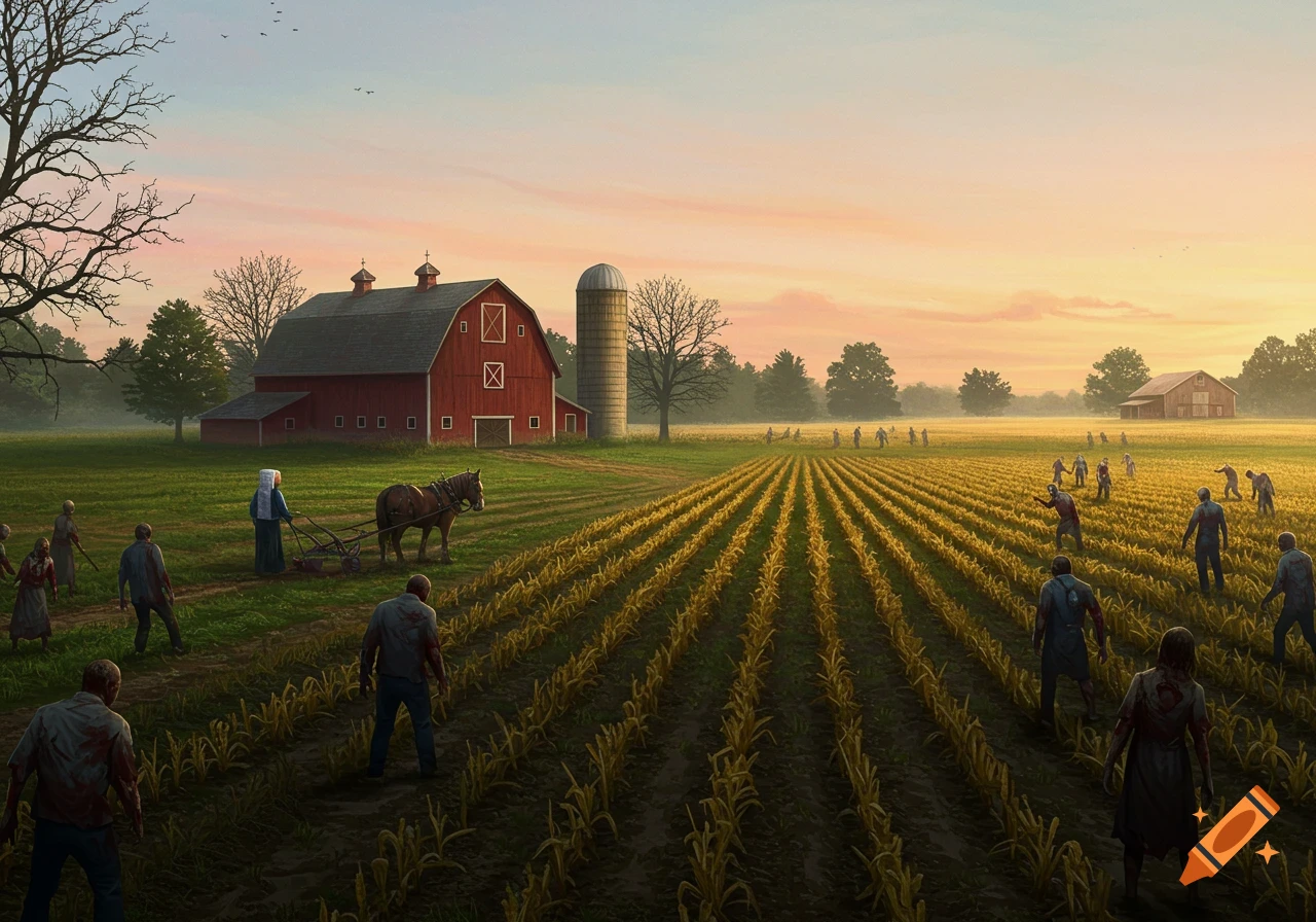 A surreal painting of a rural farm at sunset with a red barn, silo, and a woman plowing, surrounded by numerous zombies.