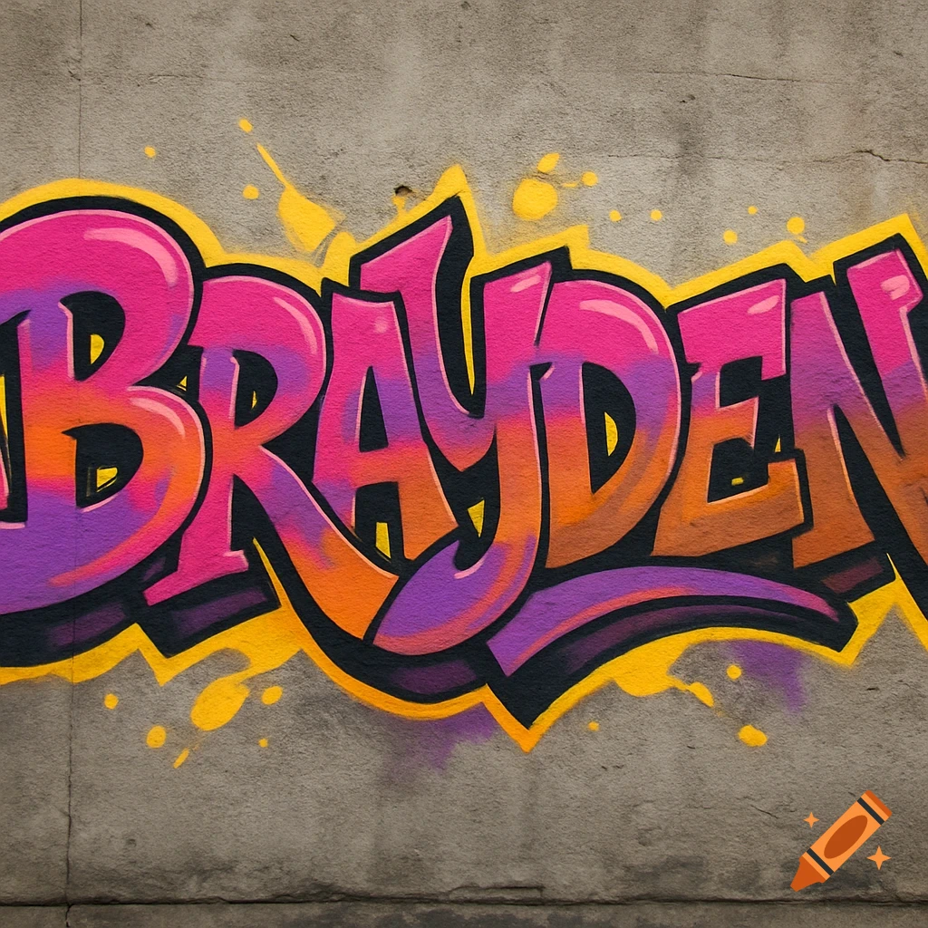 Colorful graffiti of the name BRAYDEN in pink, orange, purple, and yellow on a textured concrete wall.