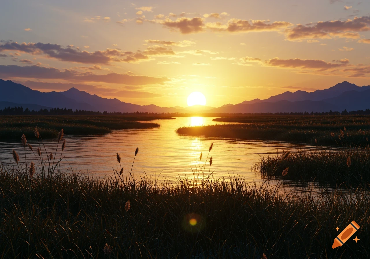 A photorealistic golden sunset over a calm river winding through a marshy landscape, with dark mountains in the distance.
