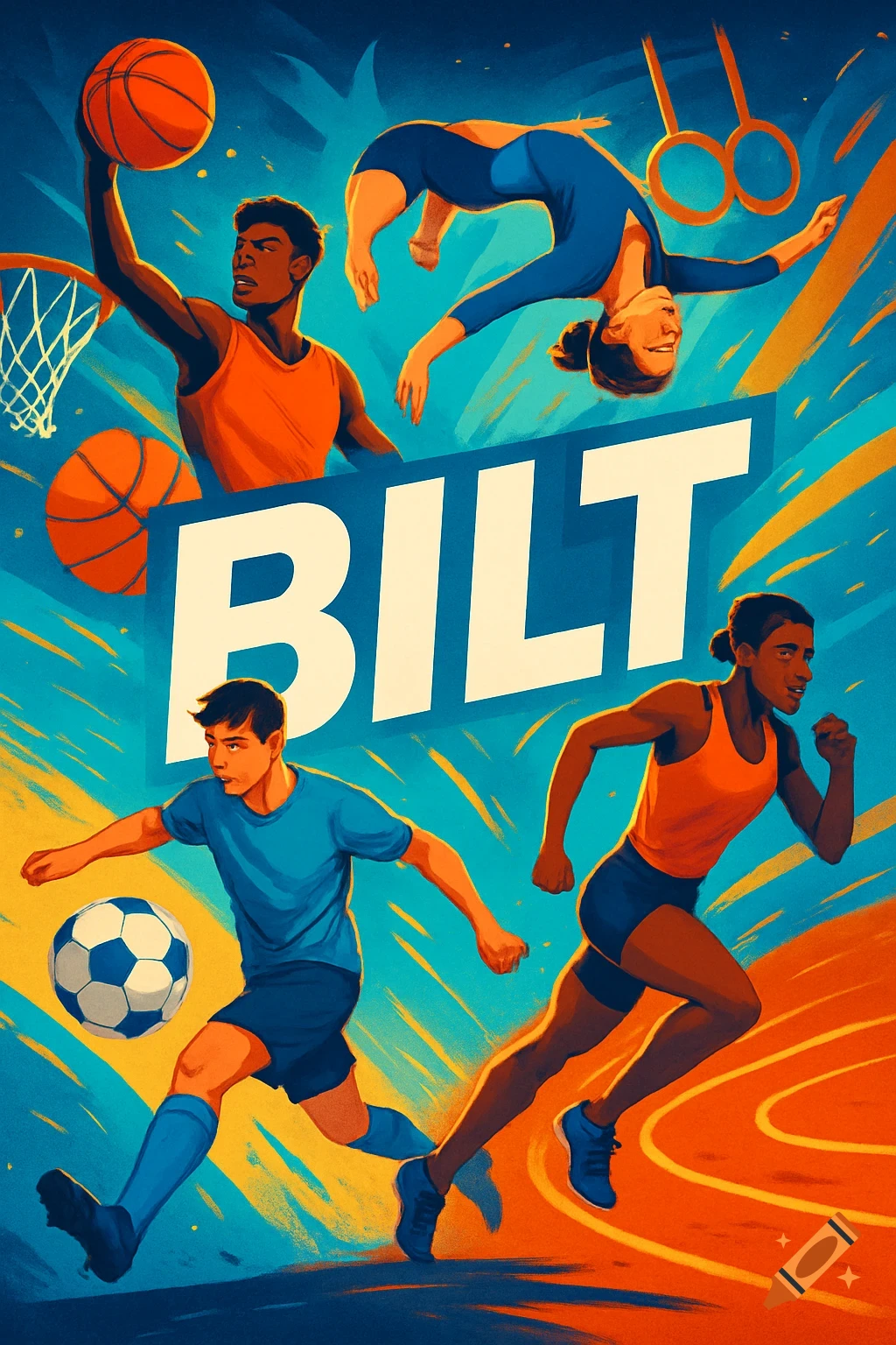 Dynamic illustration of diverse athletes including basketball, gymnastics, soccer, and running, with the word 'BILT' in bold.