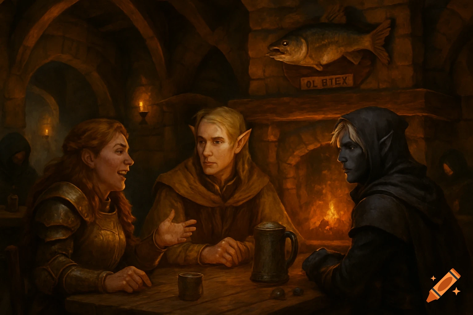 Three fantasy adventurers, a dwarf, an elf, and a dark elf rogue, talk in a cozy medieval tavern. A mounted fish hangs above a fireplace.