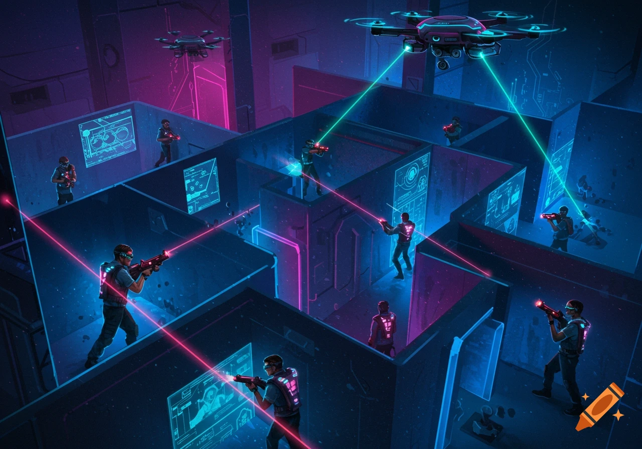 Players engaged in a futuristic laser tag game inside a neon-lit maze with drones overhead.