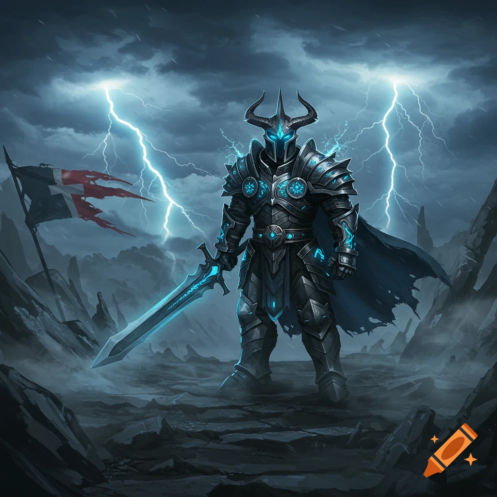 A dark fantasy warrior in glowing blue and black armor stands amidst a stormy, rocky landscape with lightning and a tattered flag.