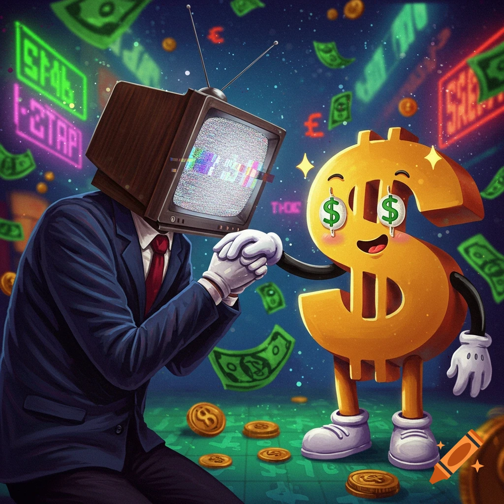 A man with a TV head bows to a cartoon dollar sign character amidst falling money and neon signs in a surreal, illustrative style.