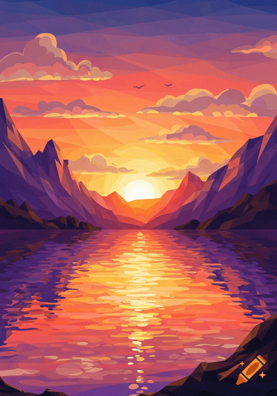 A vibrant cubist landscape depicting a sunset over a lake with mountains, reflecting warm orange, yellow, and purple hues.