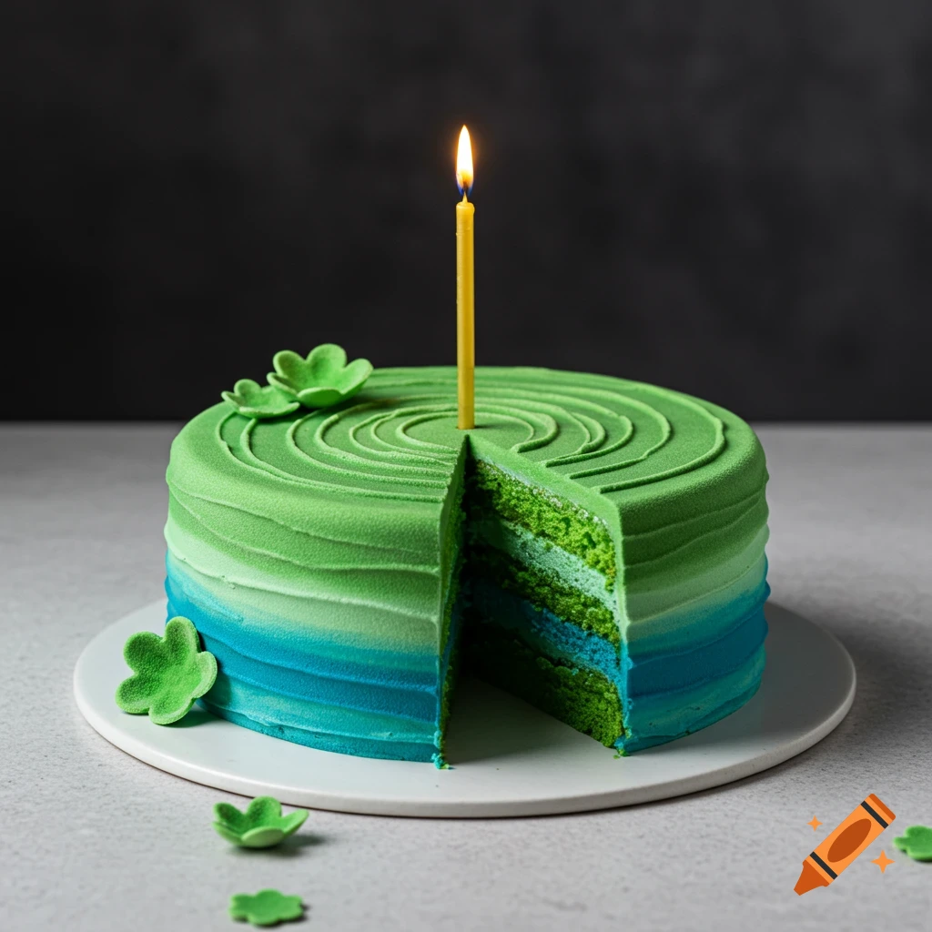 A round cake with green and blue ombre frosting, a slice removed revealing green and blue layers inside, and a single lit candle on top.