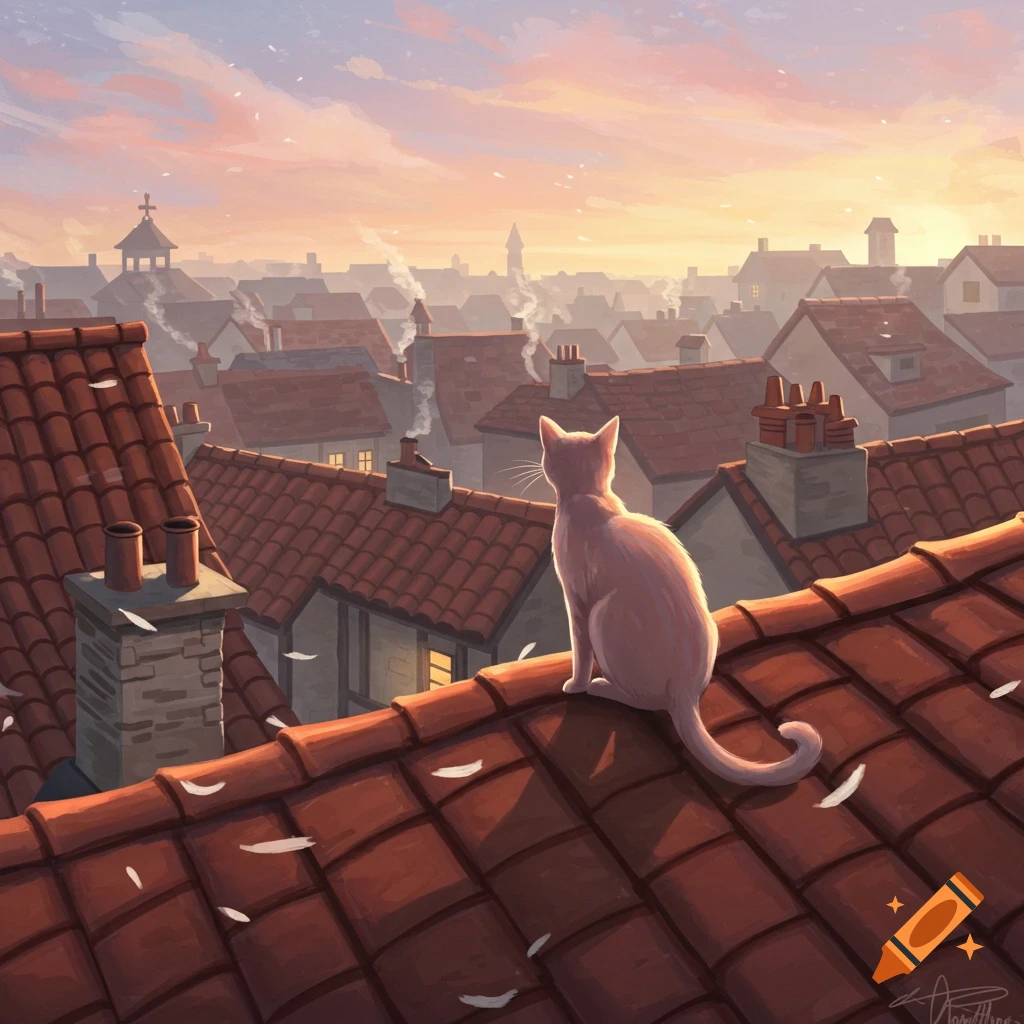 An illustrated pink cat sits on a terracotta rooftop, looking out over a misty town at sunrise.