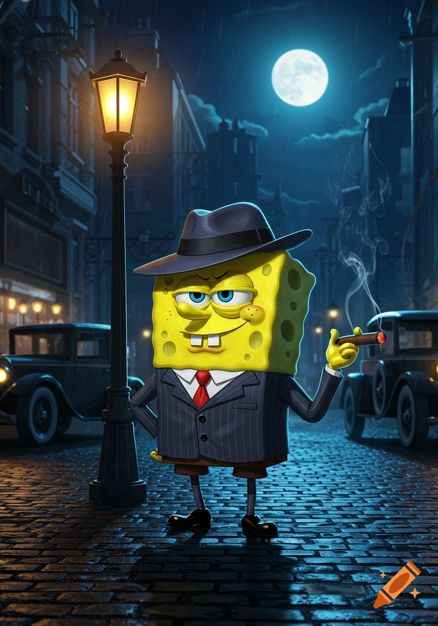 Spongebob Squarepants as a gangster in a pinstripe suit and fedora, holding a lit cigar on a rainy city street at night.