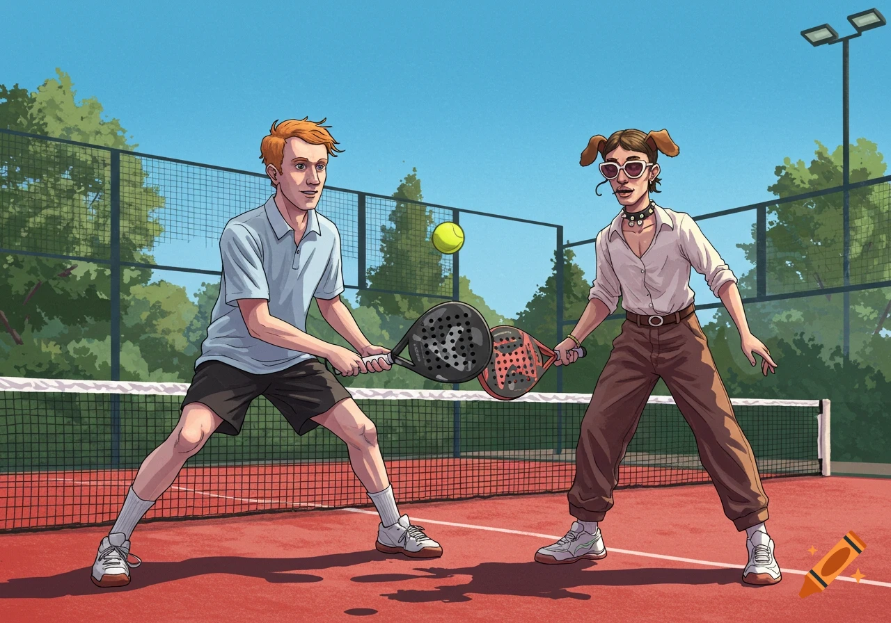 Two illustrated people playing padel on a red court, one with ginger hair and a polo shirt, the other in baggy trousers, sunglasses, and a dog collar-like choker.