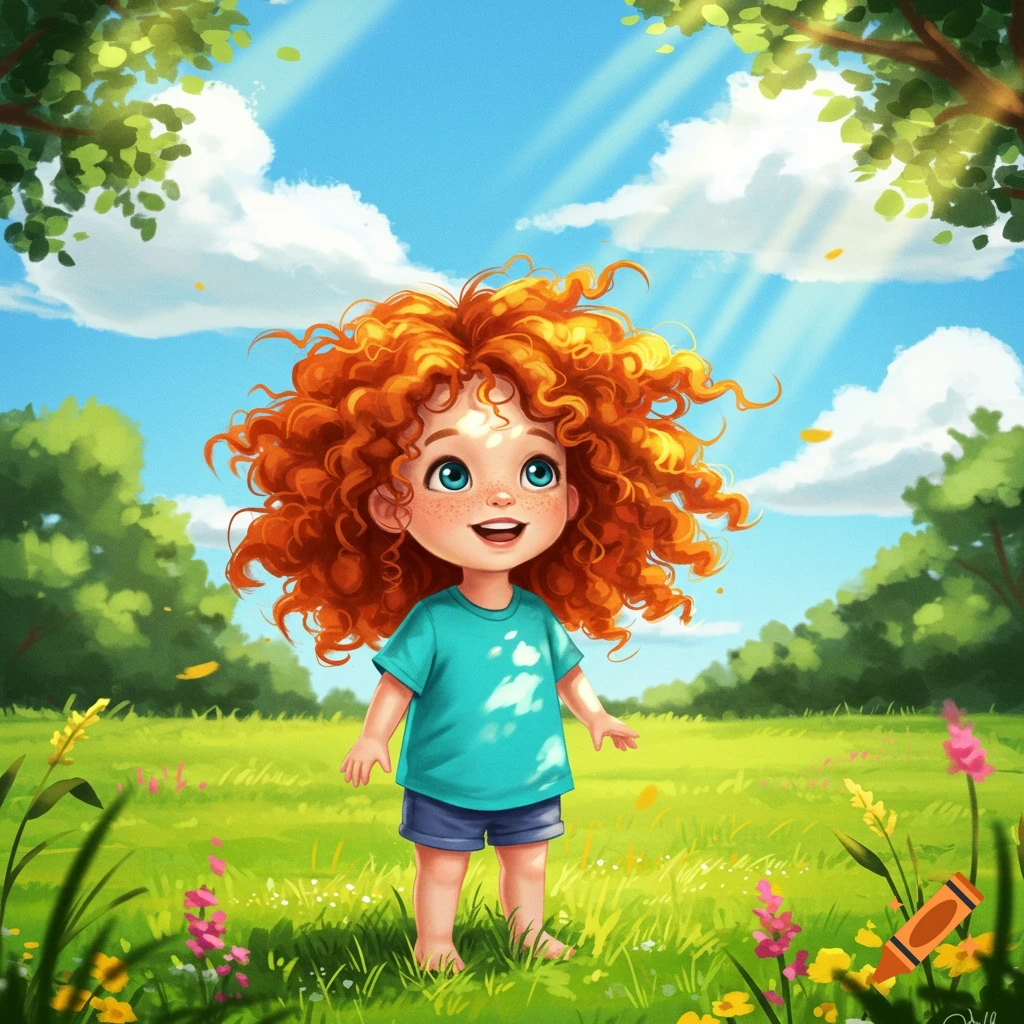 Bright illustration of a smiling little girl with red curly hair in a teal shirt and blue shorts, standing barefoot in a sunny green field.