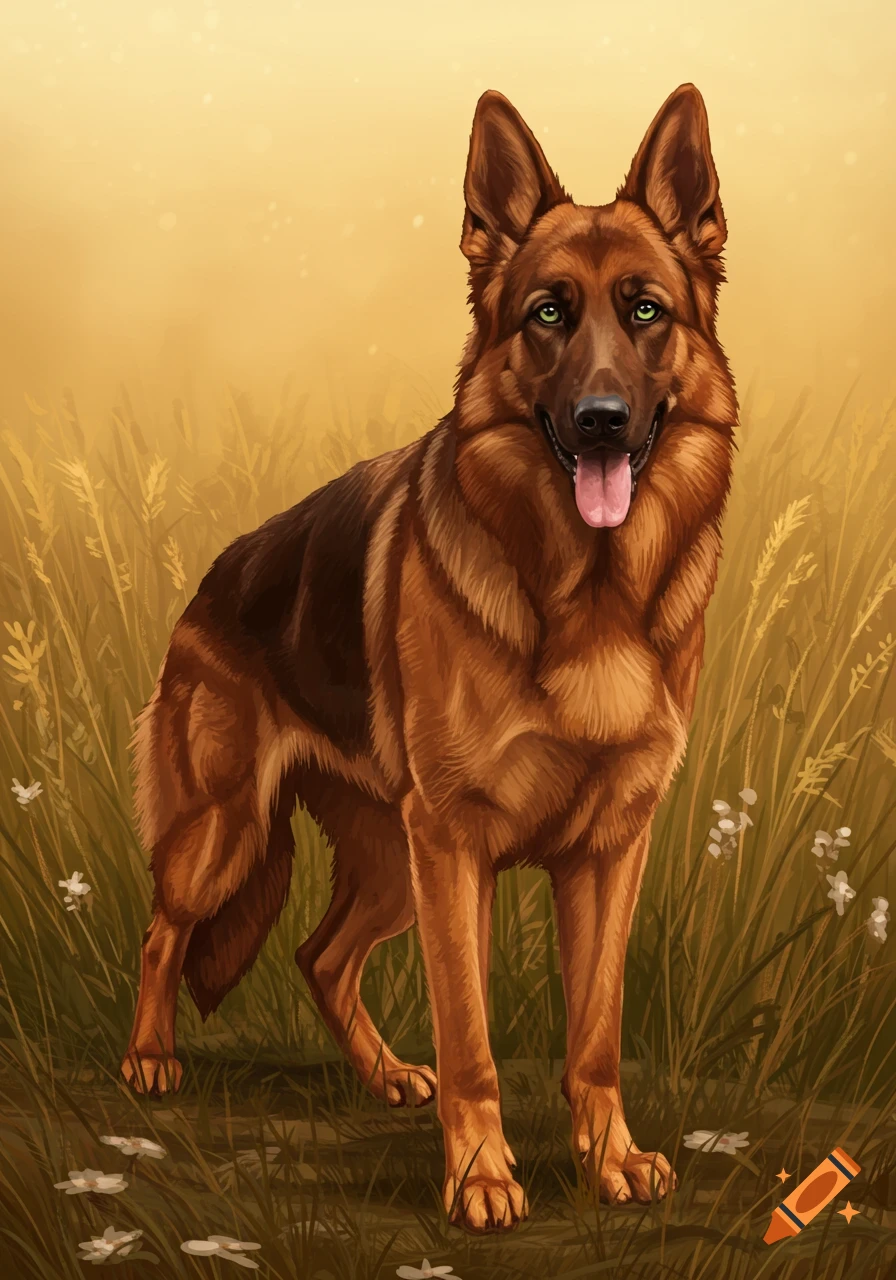 A stylized painting of a German Shepherd dog with green eyes and brown and black fur, standing in a golden field of tall grass.