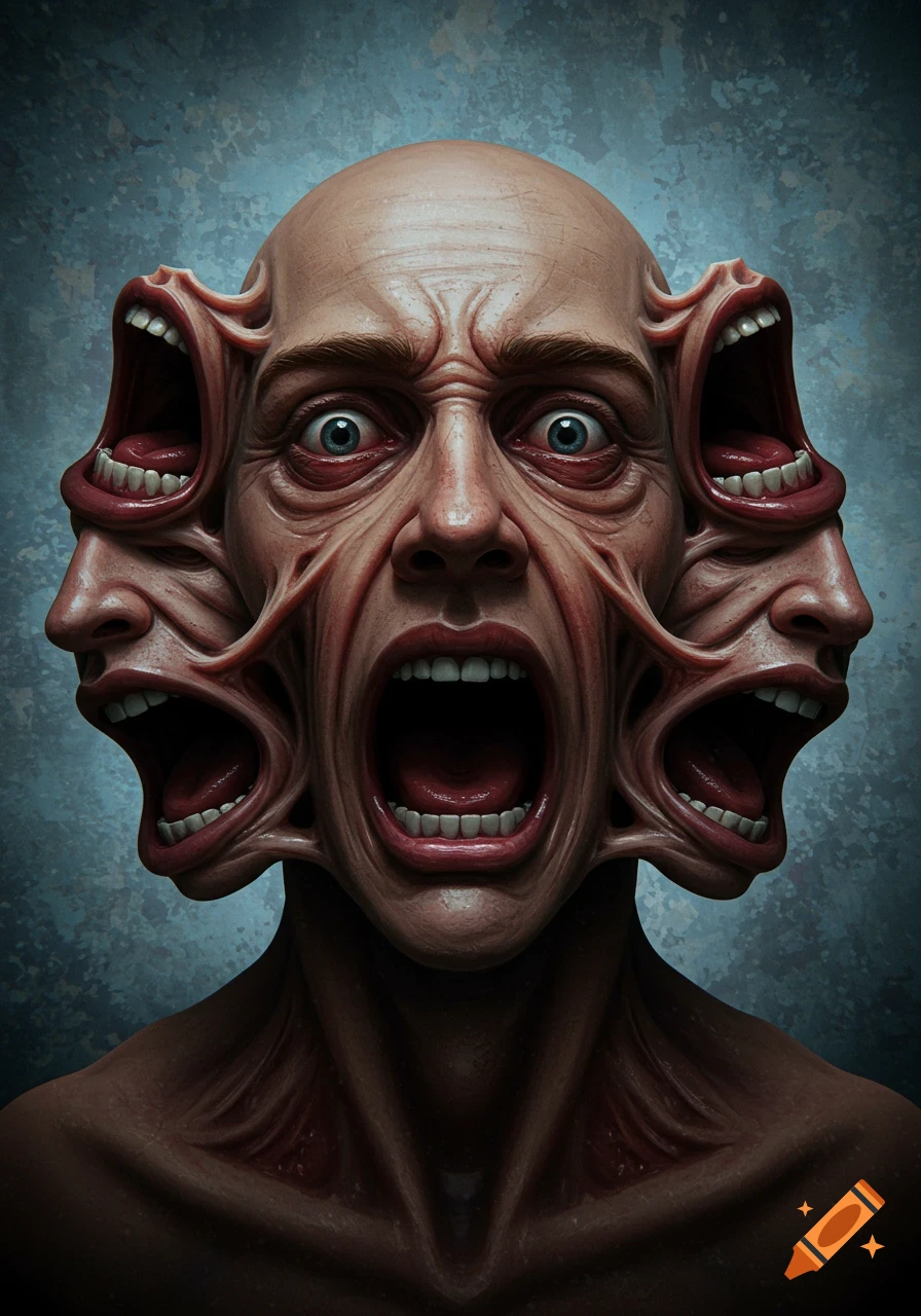 A bald man's head with multiple screaming mouths and distorted skin emerging from the sides, eyes wide with horror.