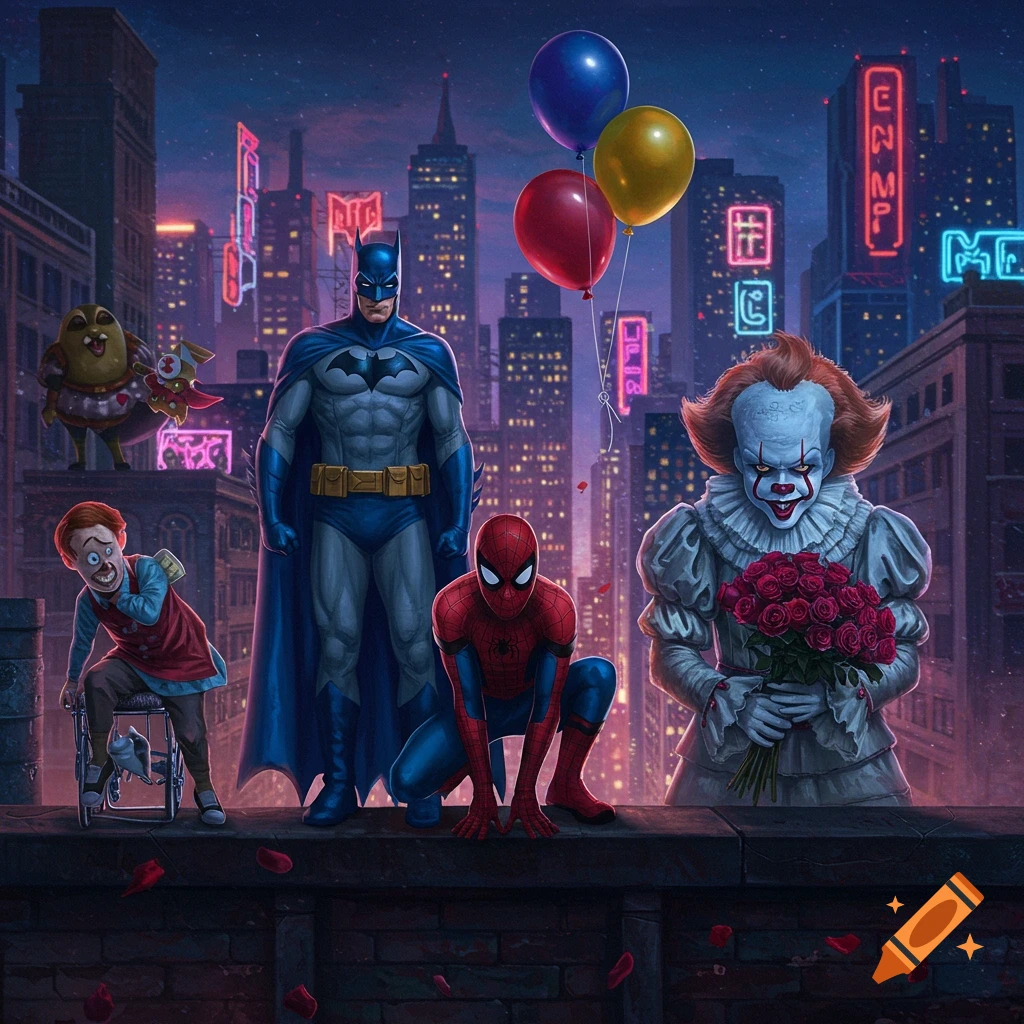 Batman, Spider-Man, and Pennywise on a rooftop at night, with two other creatures, balloons, and a cityscape with neon signs in the background.