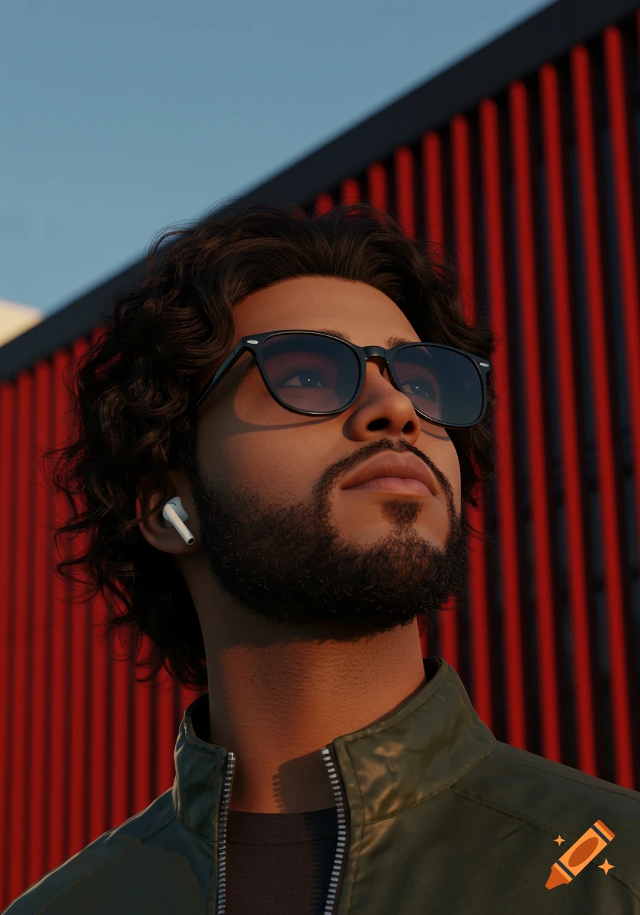 Realistic digital portrait of a young man with a beard, sunglasses, and earbuds, looking up at a blue sky, with a red-slatted building in the background.
