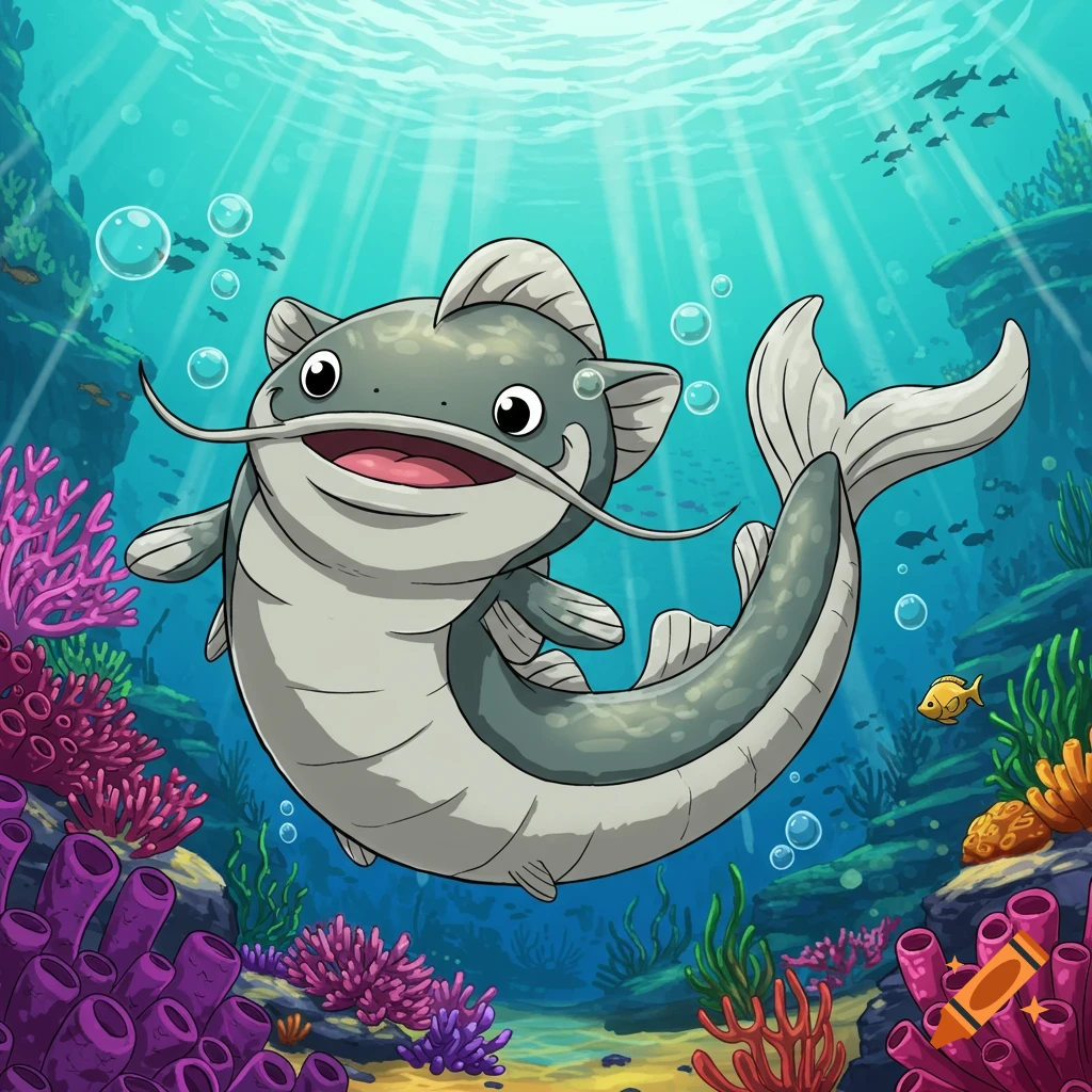 A cute, smiling cartoon catfish with long whiskers swims happily in a vibrant blue ocean with colorful coral and plants.