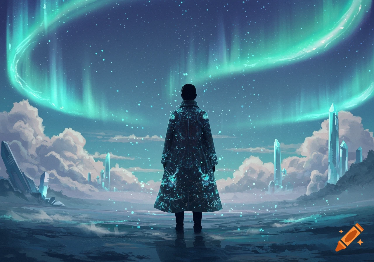 Digital painting of a person in a coat observing a vibrant aurora over an icy, crystalline landscape.