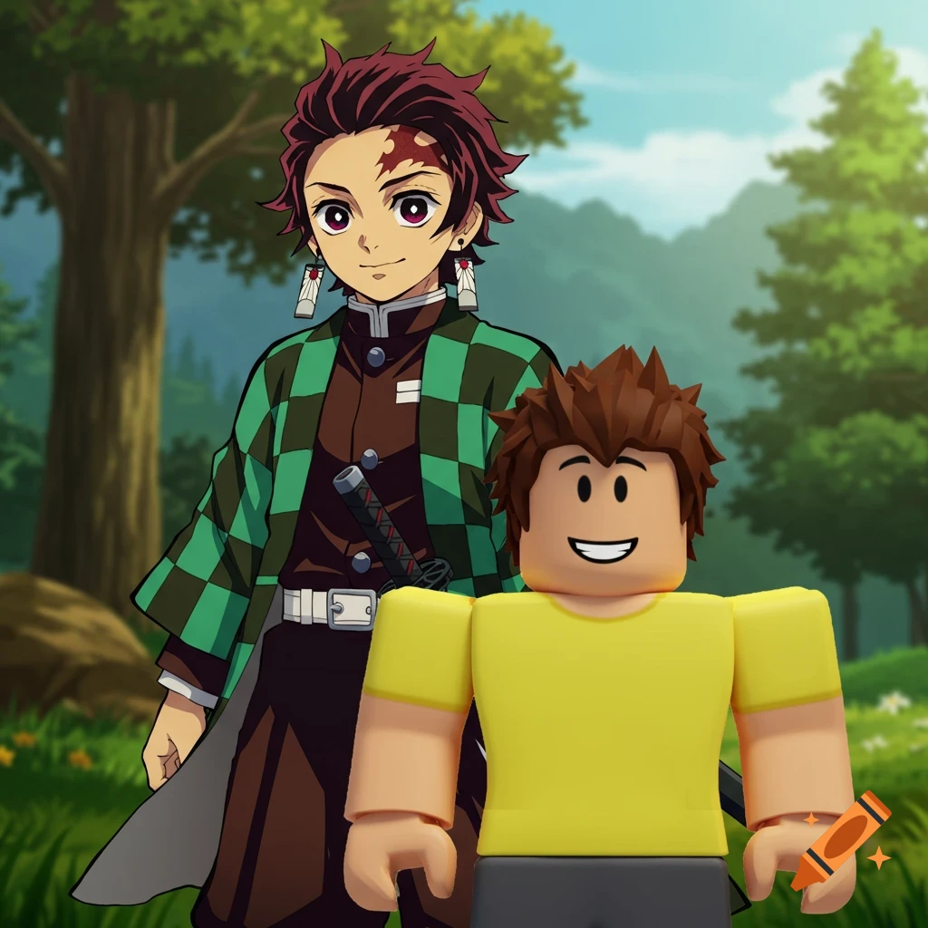 Tanjiro from Demon Slayer stands next to a smiling Roblox Bacon Hair character in a forest, anime style.
