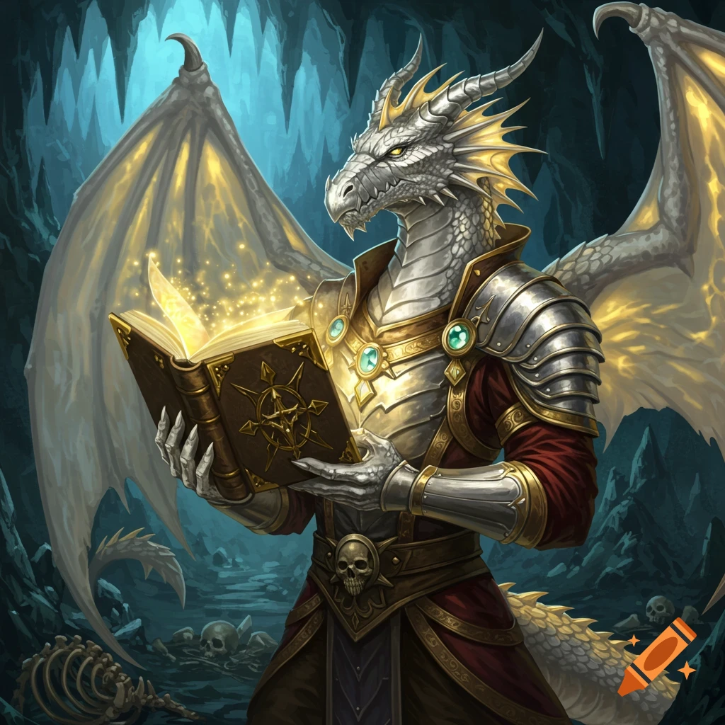 A majestic silver and gold dragon-like creature in shining armor reads a glowing book in a dark, bone-filled cave. Digital fantasy art.