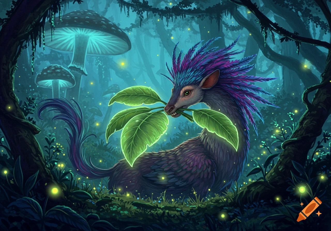 A fantastical creature with colorful feathers and a deer-like head chews glowing leaves in a dark, enchanted forest with luminous mushrooms and fireflies.