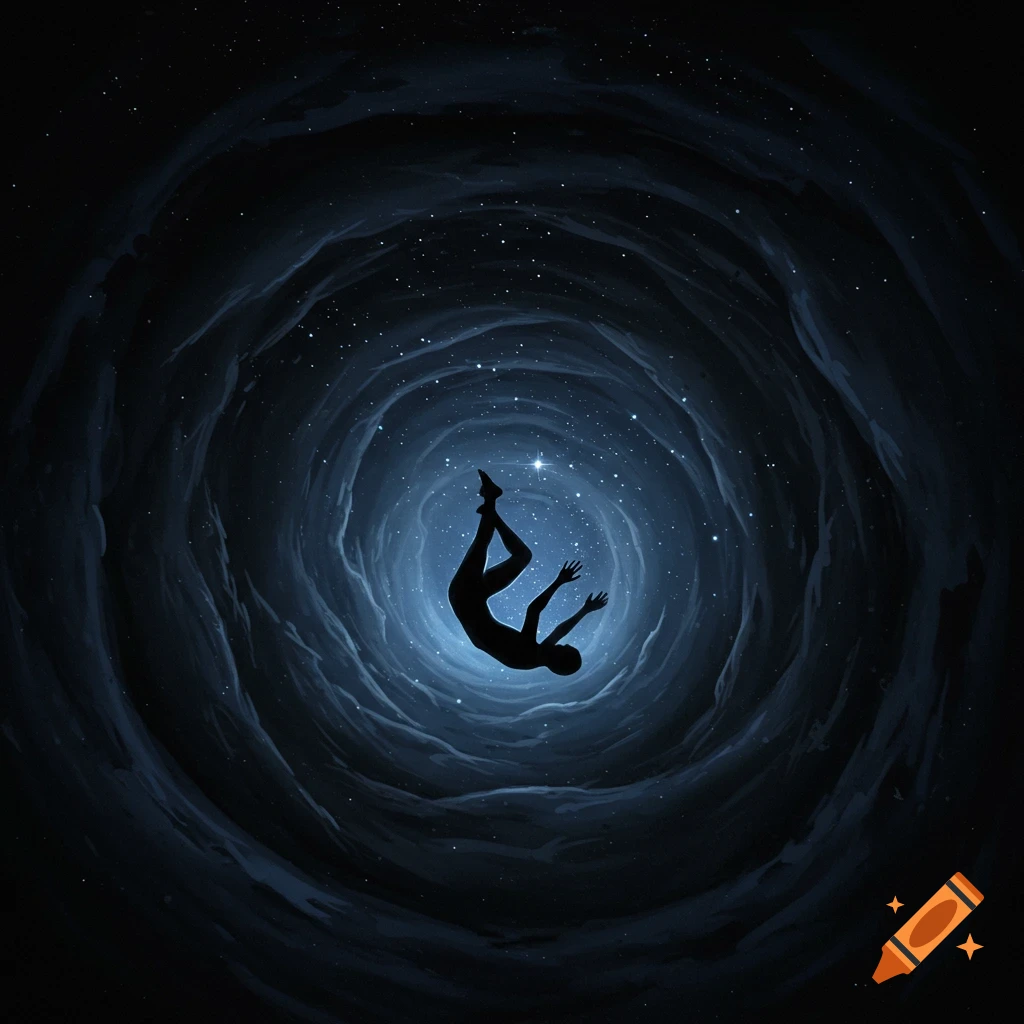 Silhouette of a person falling through a dark, star-filled cosmic void, surrounded by swirling blue-grey clouds.