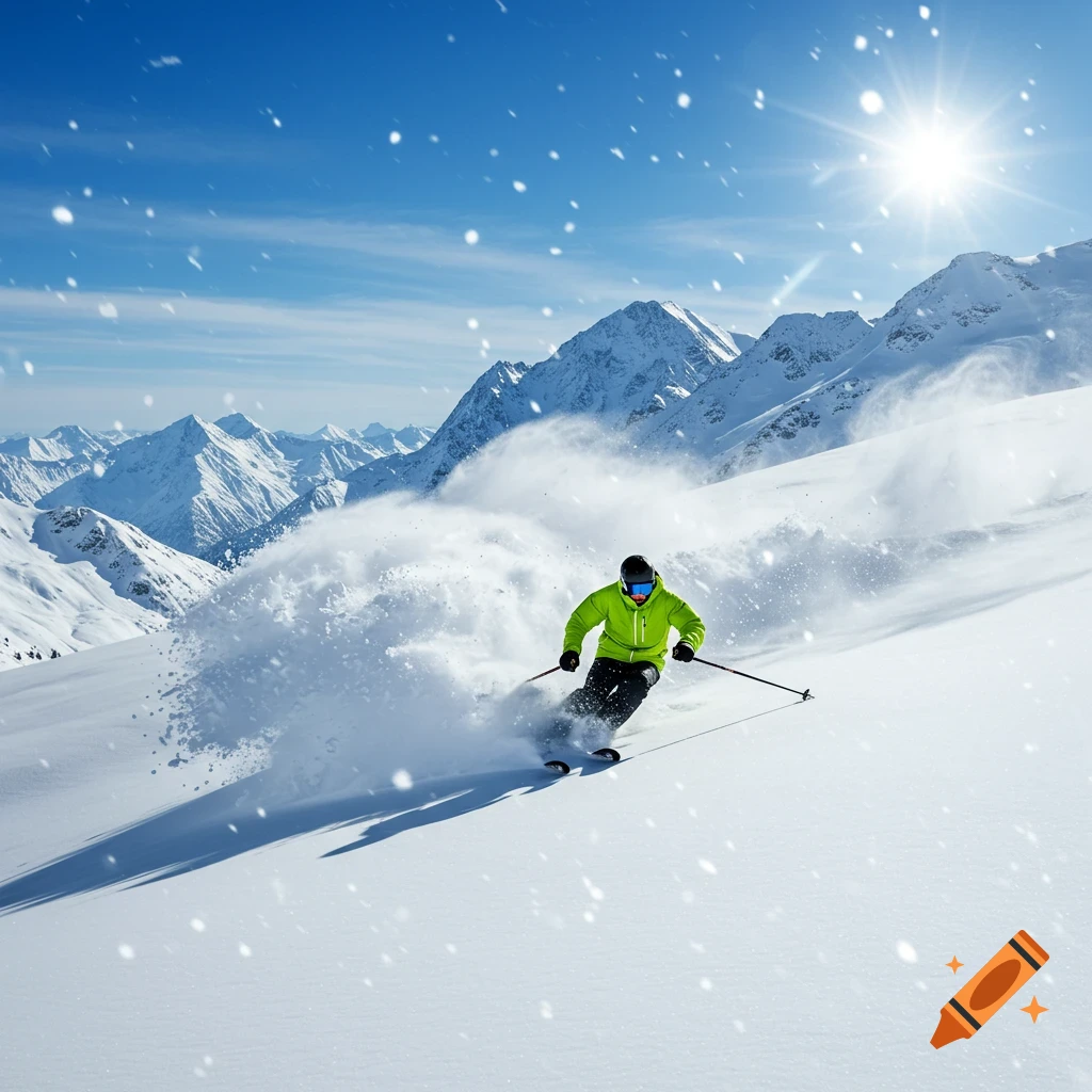 A person in a bright green jacket skis down a snowy mountain slope, kicking up powder under a bright sun and blue sky.