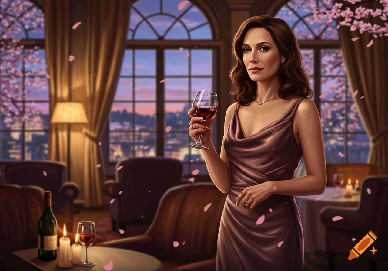 Elegant woman in brown dress holds a wine glass in a lounge with cherry petals and city view at dusk, digital painting.