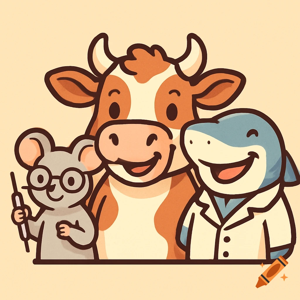 A cute cartoon logo of a cow, a mouse with glasses holding a pipette, and a shark in a lab coat, all smiling.