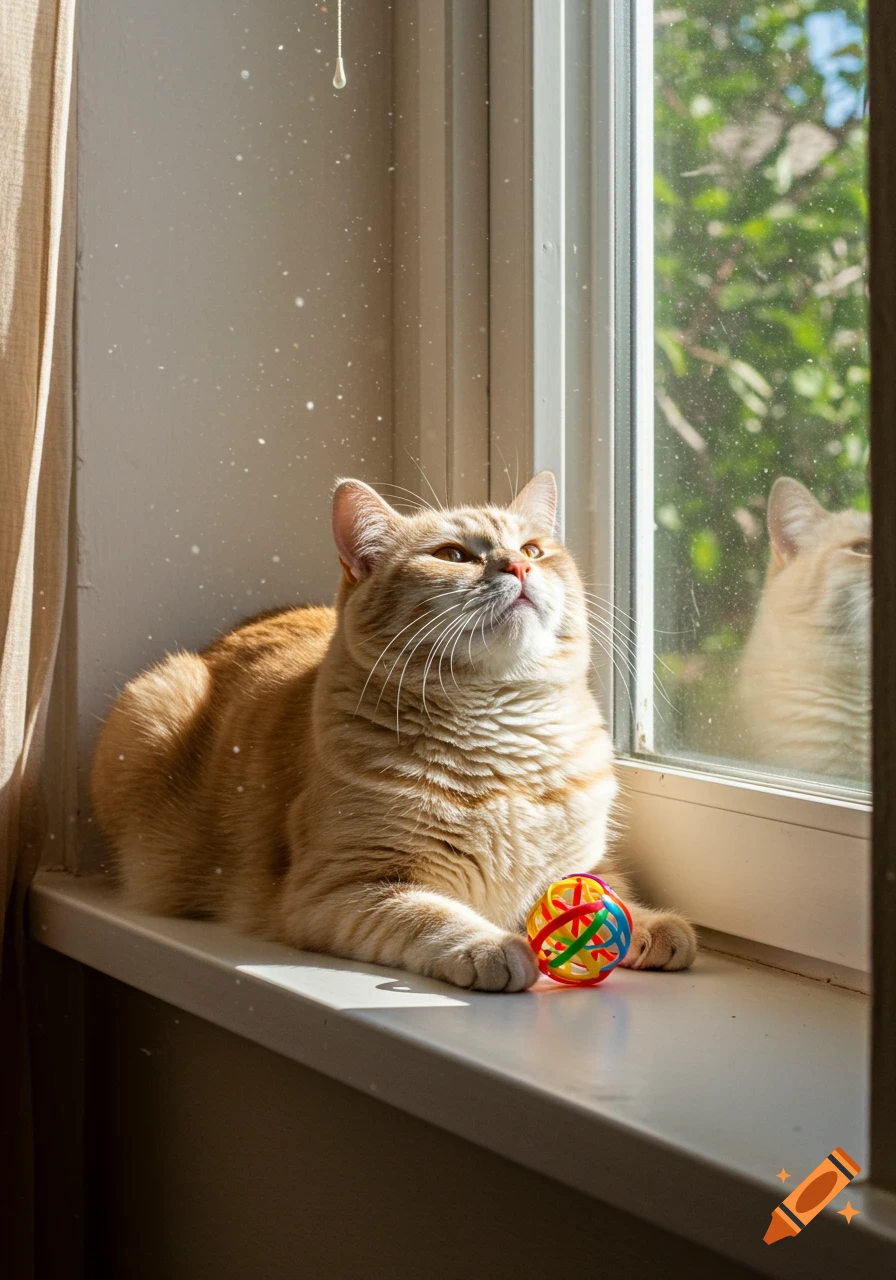 An orange tabby cat lies on a sunlit windowsill, looking up, with a colorful toy ball near its paws. Trees are visible outside the window.