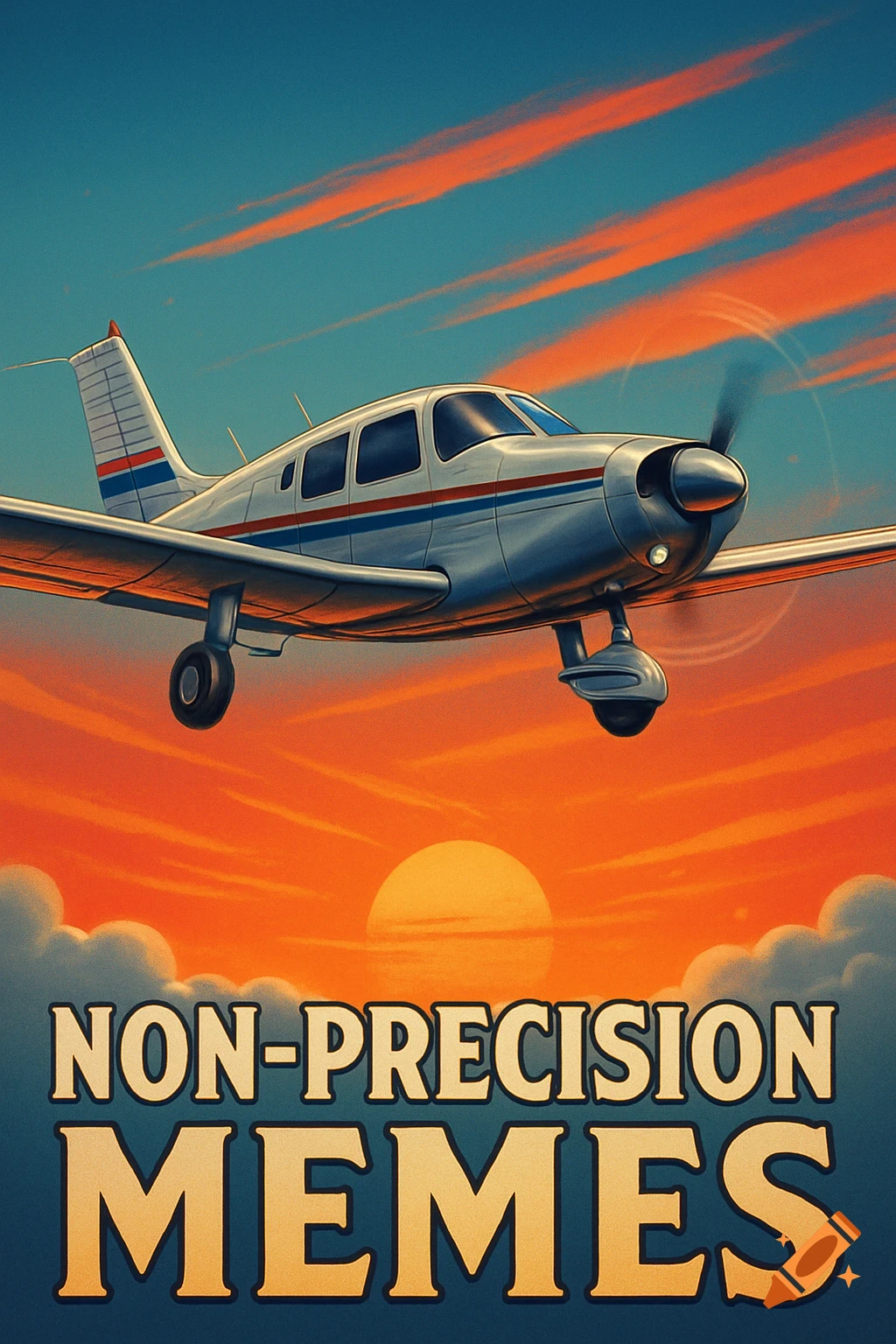 A stylized poster image of a small propeller plane flying above a vibrant sunset, with the text 'NON-PRECISION MEMES' below.