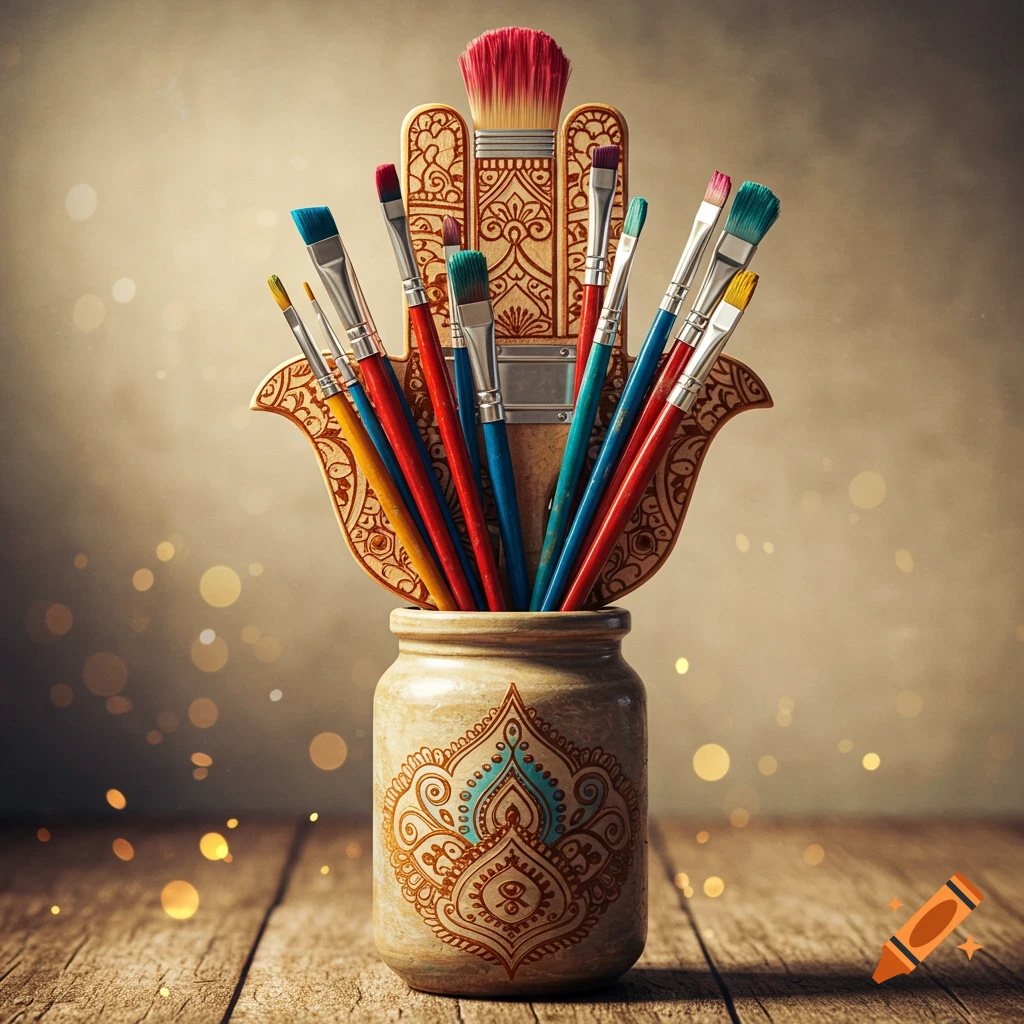 Colorful paintbrushes in a decorative Hamsa-shaped jar on a wooden table with sparkling bokeh lights.