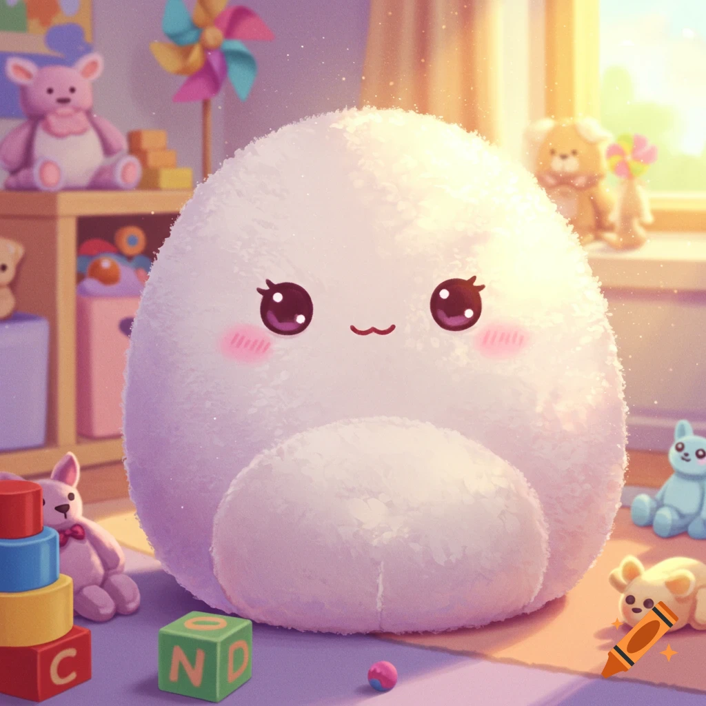 A fluffy, round, white creature with big dark eyes and pink cheeks sits on a rug in a bright child's room filled with toys.