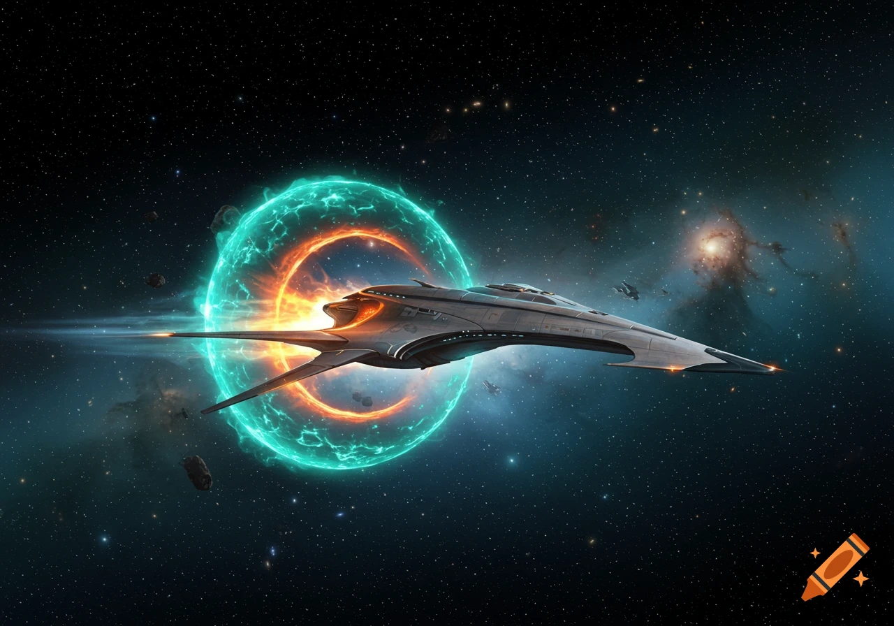 A futuristic grey spaceship with glowing orange accents flies through a vibrant teal and orange energy portal in deep space.
